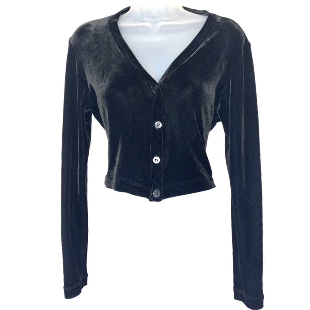 Y2K BCBG Paris Velvet Long Sleeve Cropped Button Up Cardigan Jacket Black Small